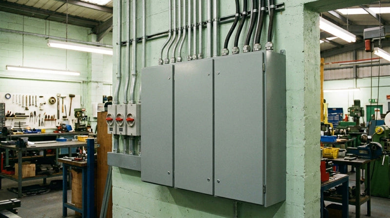 Three-phase electrical distribution board mounted on a workshop wall with conduit runs