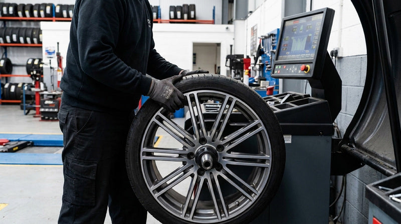 Technician mounting an alloy wheel onto the cone shaft of a wheel balancer