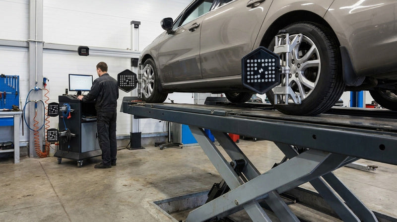 Four-wheel alignment being carried out with measurement targets clamped to each wheel