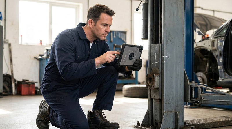 Inspection engineer recording a fault on a vehicle lift using a tablet