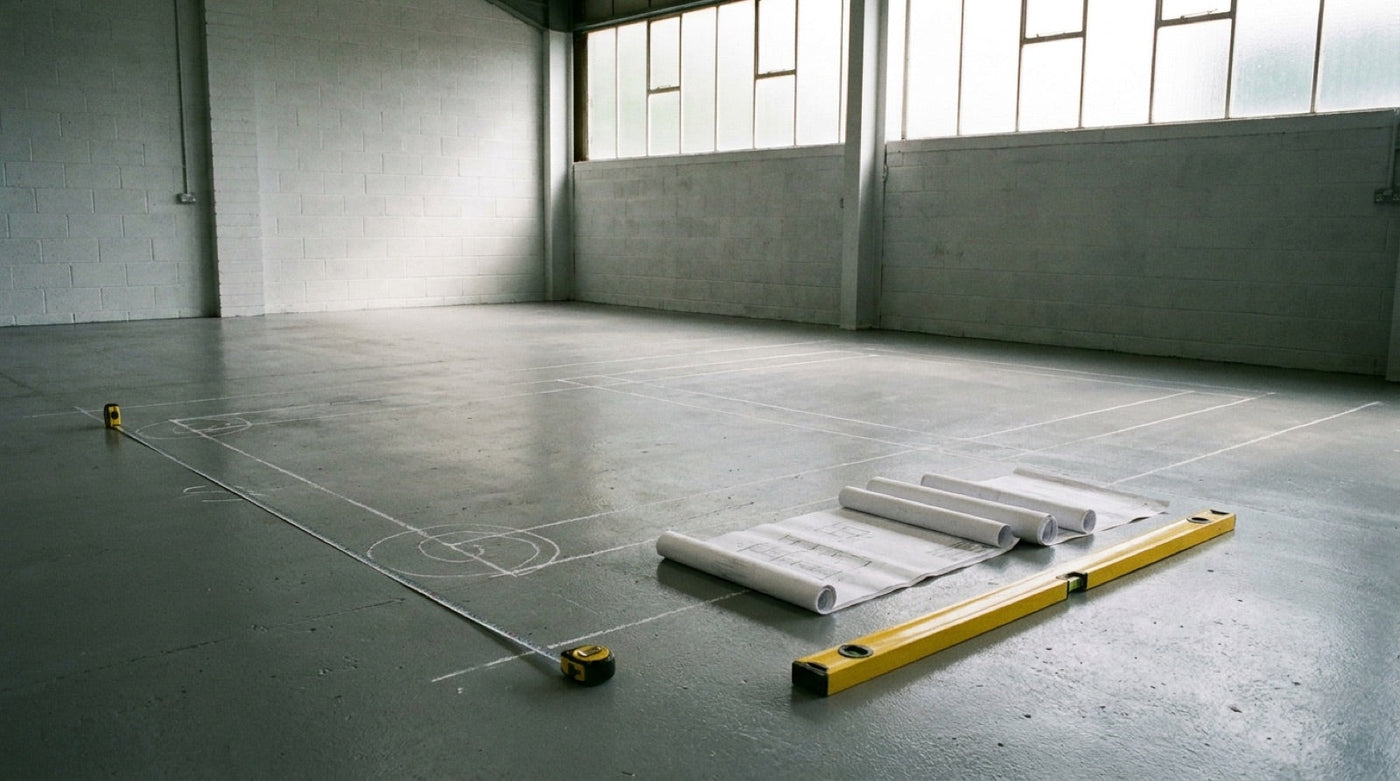 Empty workshop bay with bare concrete floor marked out for a vehicle lift installation