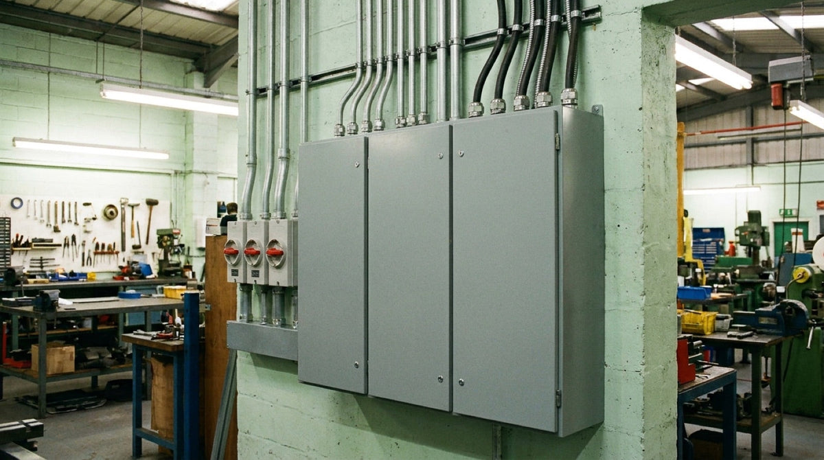 Three-phase electrical distribution board mounted on a workshop wall with conduit runs