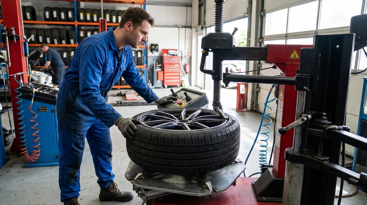 Technician operating an automatic tyre changer with an alloy wheel clamped on the turntable