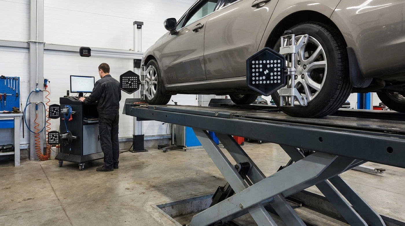 Four-wheel alignment being carried out with measurement targets clamped to each wheel