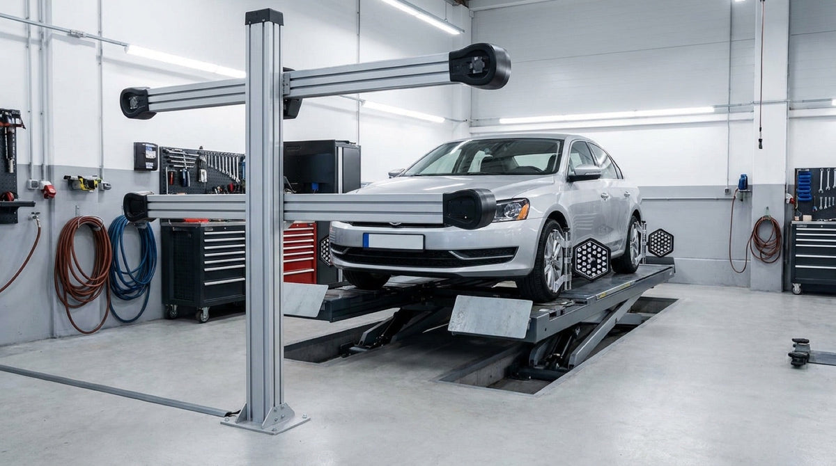 3D wheel alignment system with a camera beam aimed at a car with wheel targets fitted