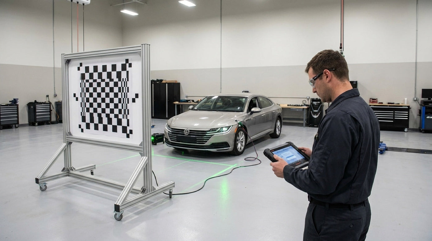 ADAS calibration target frame set up in front of a car in a workshop