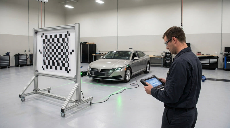ADAS calibration target frame set up in front of a car in a workshop