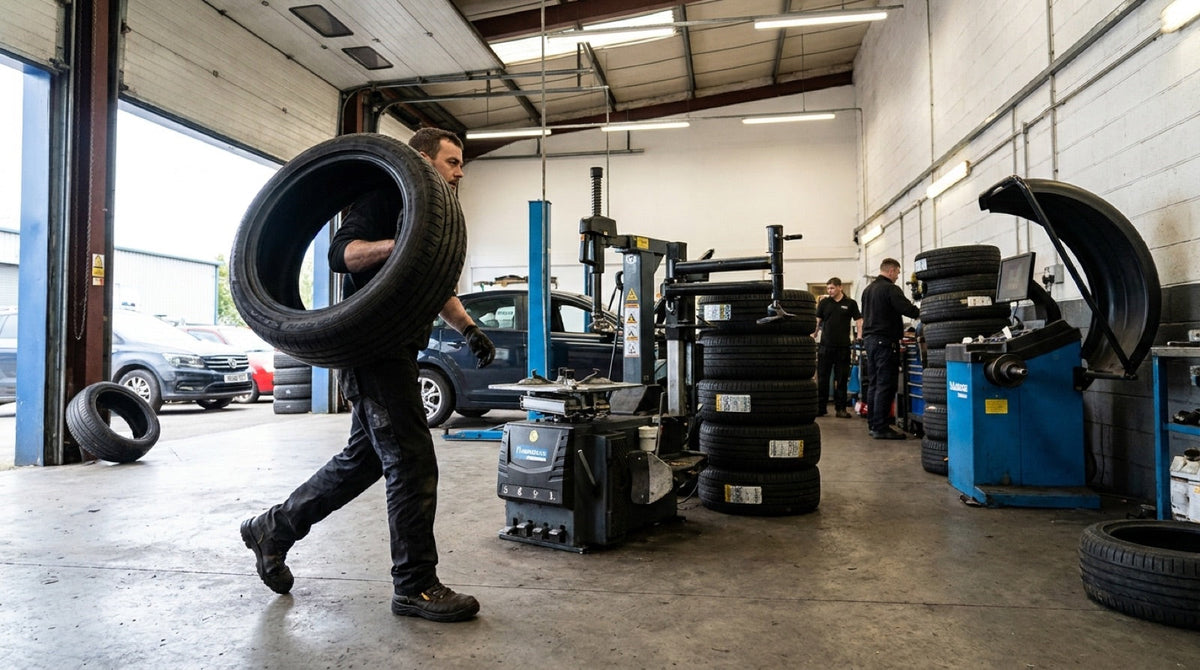 Tyre technician carrying a new tyre across a busy tyre bay