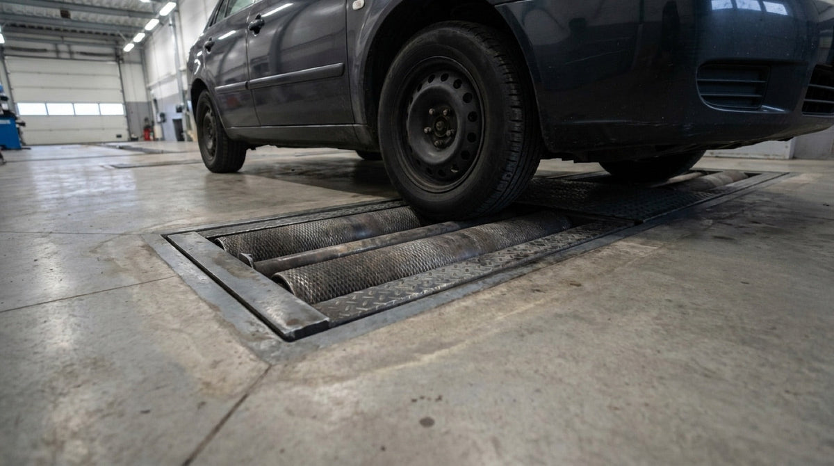Car wheel positioned between the rollers of a roller brake tester set into a workshop floor