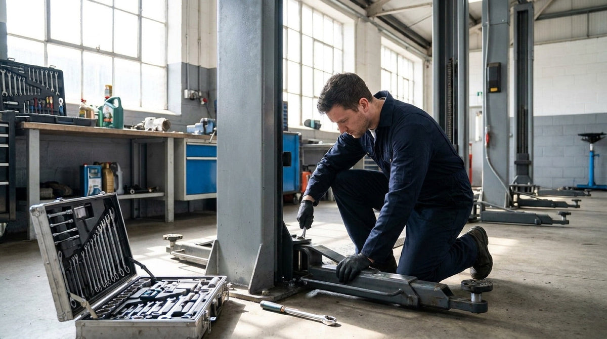 Service engineer carrying out planned maintenance on a vehicle lift column