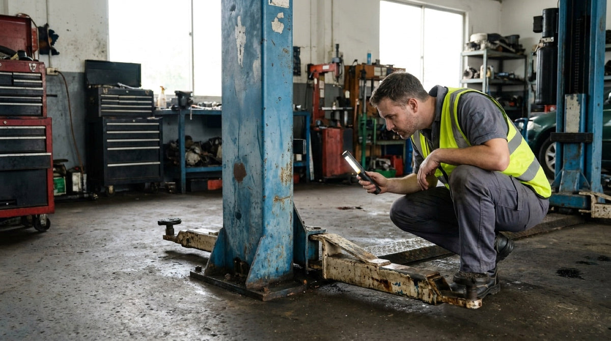Engineer inspecting the base of a used two-post lift column with a torch before purchase
