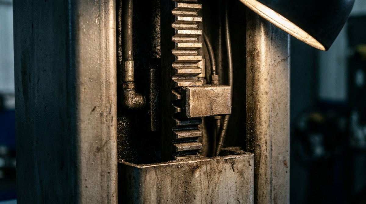 Toothed mechanical safety lock ladder inside a two-post lift column with the latch engaged
