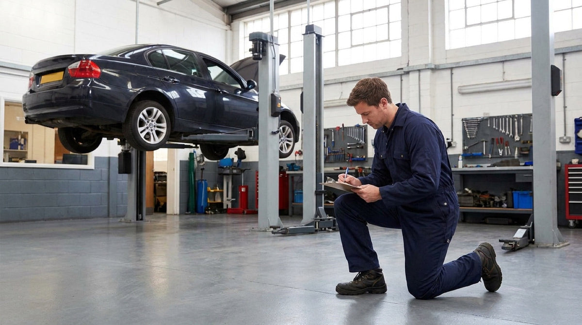Inspection engineer recording a thorough examination beside a raised two-post vehicle lift