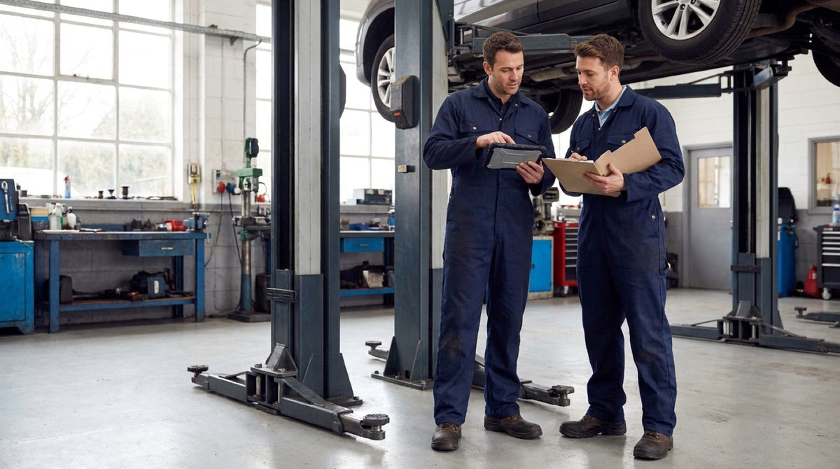 Two service engineers comparing equipment records beside a vehicle lift