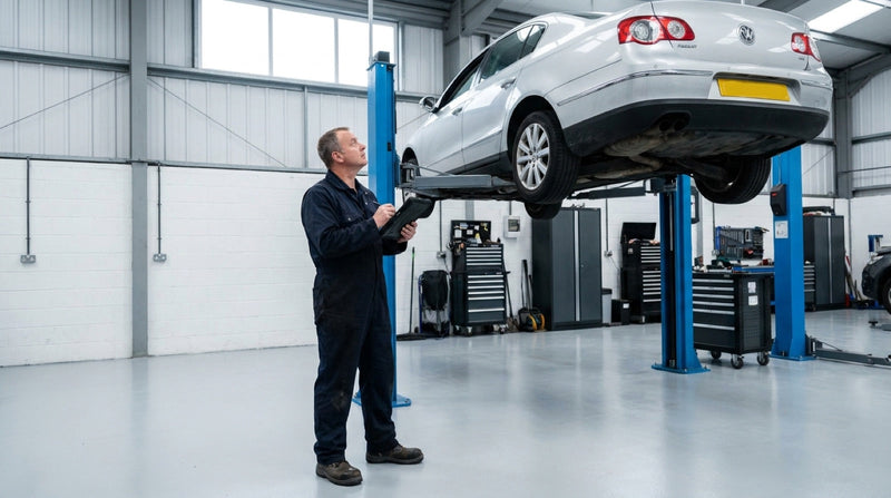 Inspection engineer examining a raised two-post vehicle lift in a UK workshop